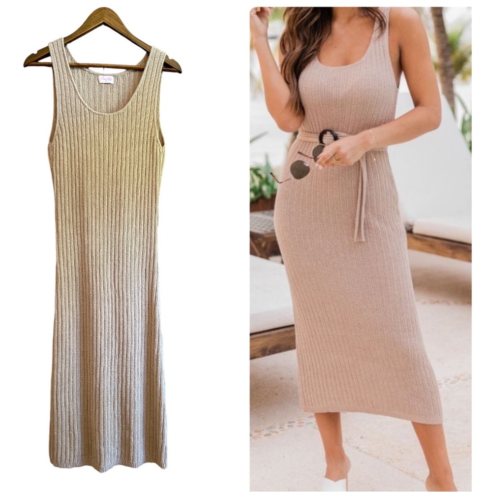 PINK LILY Wonder About Me tan midi knit tank dress (no belt), size M